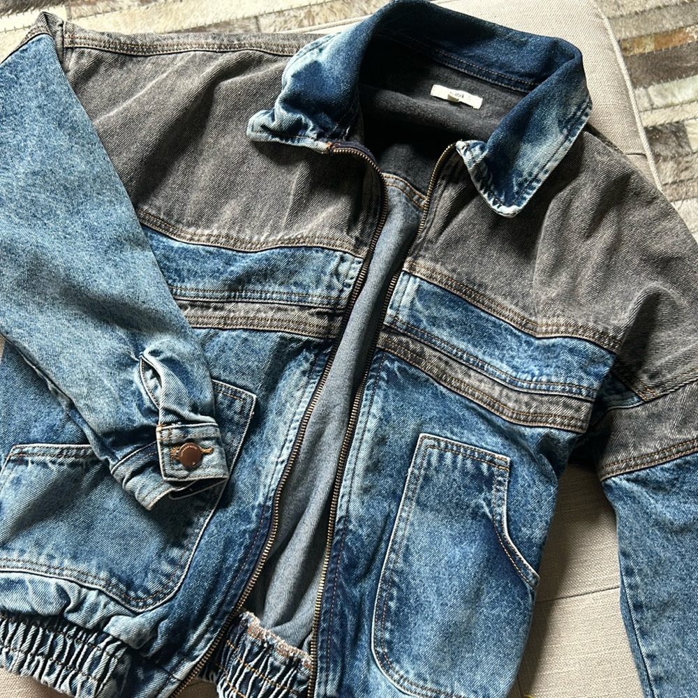 Topmark Two Toned Black Blue Denim Bomber Jacket Size Medium